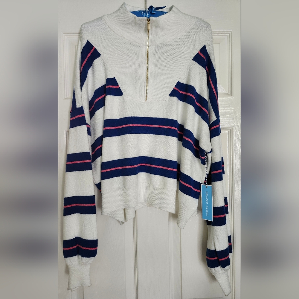 Draper James Quarter Zip Pullover LS Sweater Navy Pink Stripe Sz XXL - NWT -$135